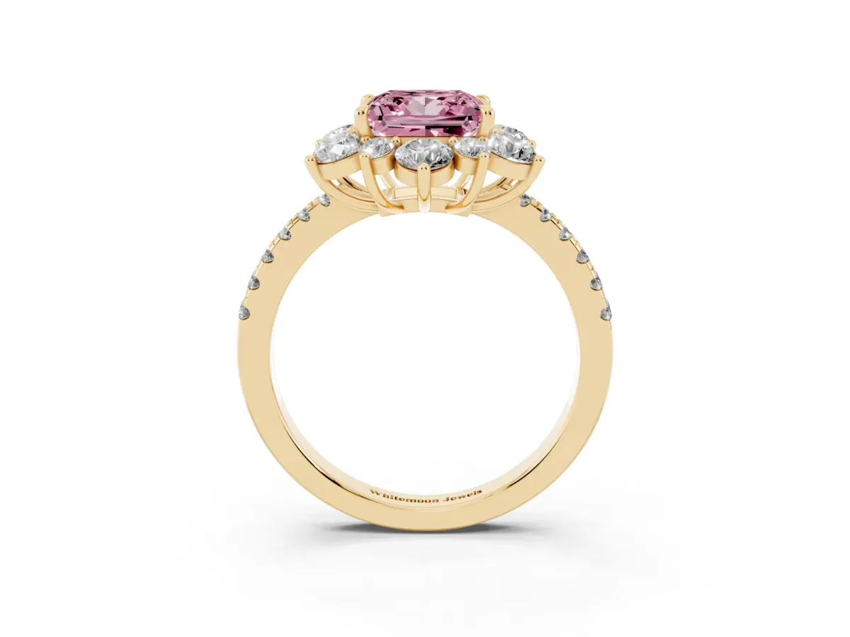Fancy Pink Princess Cut Diamond Floral Halo Ring with Round Pavé Band and Prong Setting Yellow gold