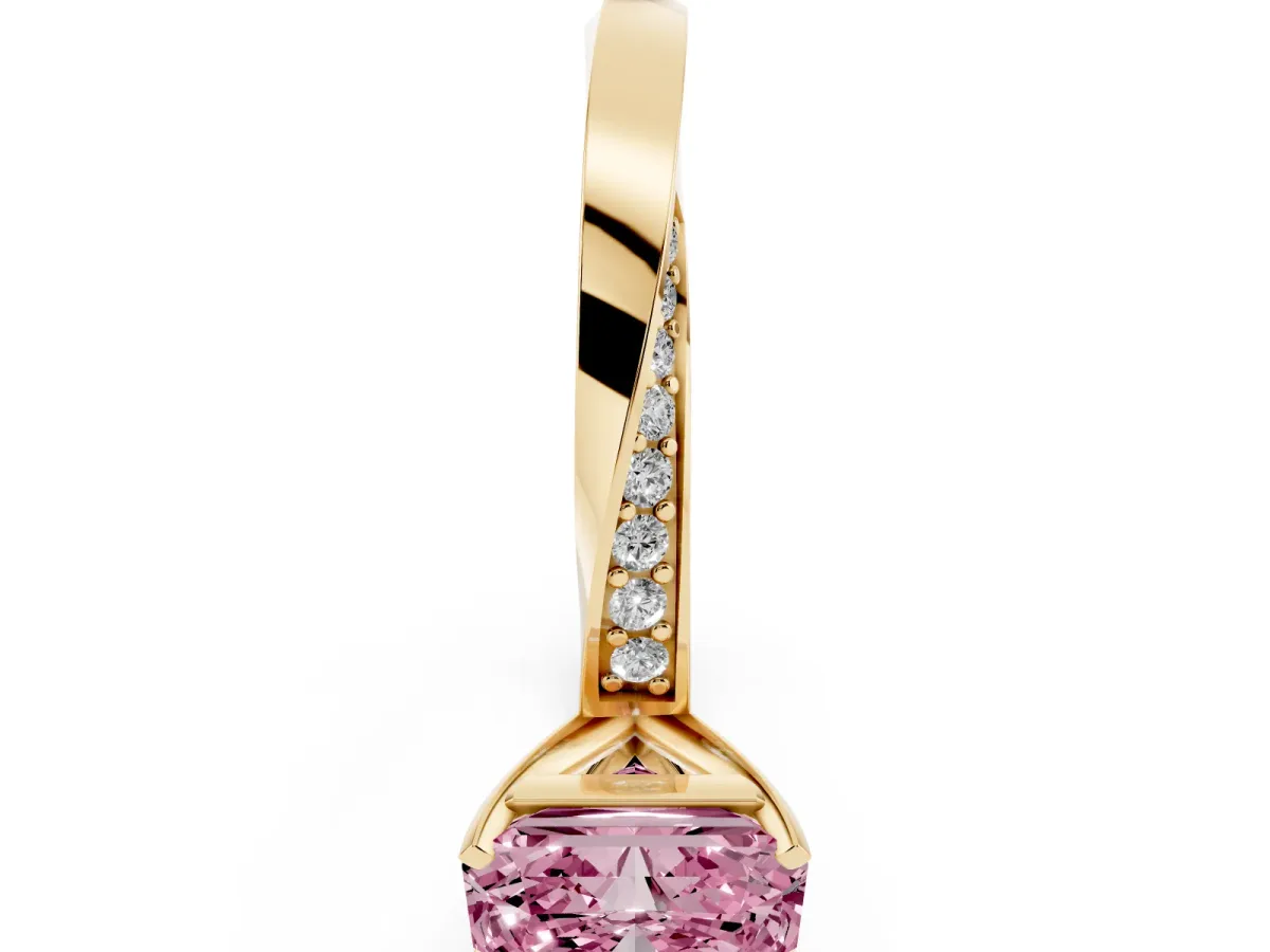 Fancy Pink Radiant Cut Diamond Engagement Ring with Side Stone Accents and Four-Prong Setting Yellow gold