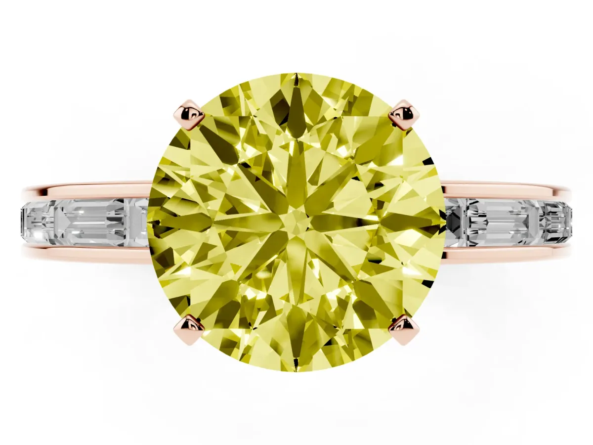 Fancy Yellow Round Cut Solitaire Diamond Ring with Channel-Set Baguette Band and Four-Prong Setting Rose gold
