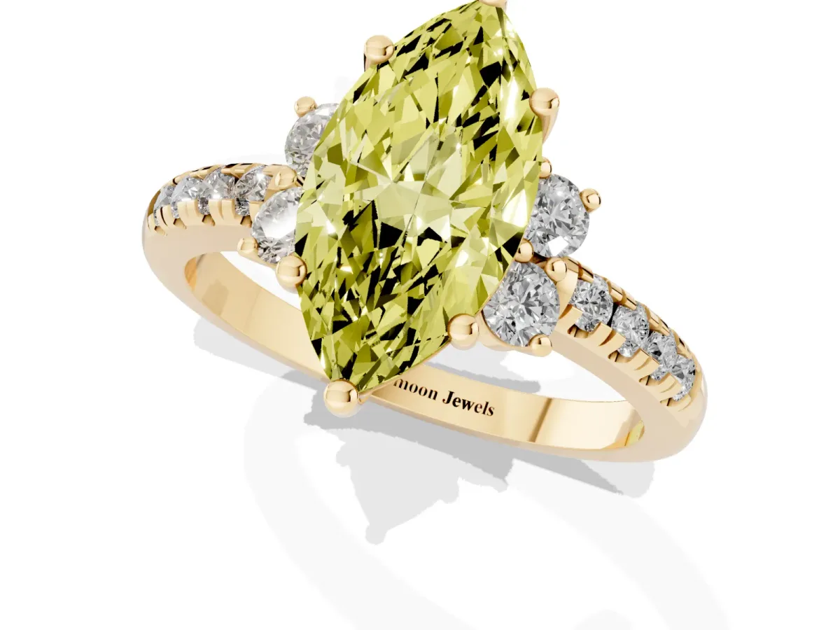Fancy Yellow Marquise Cut Diamond Three-Stone Pave Band with Four-Prong Setting Yellow gold