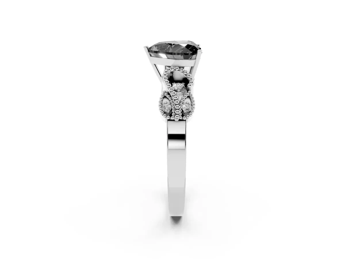 Fancy Black Heart Cut Solitaire Milgrain Leaf Band with Prong Setting Silver