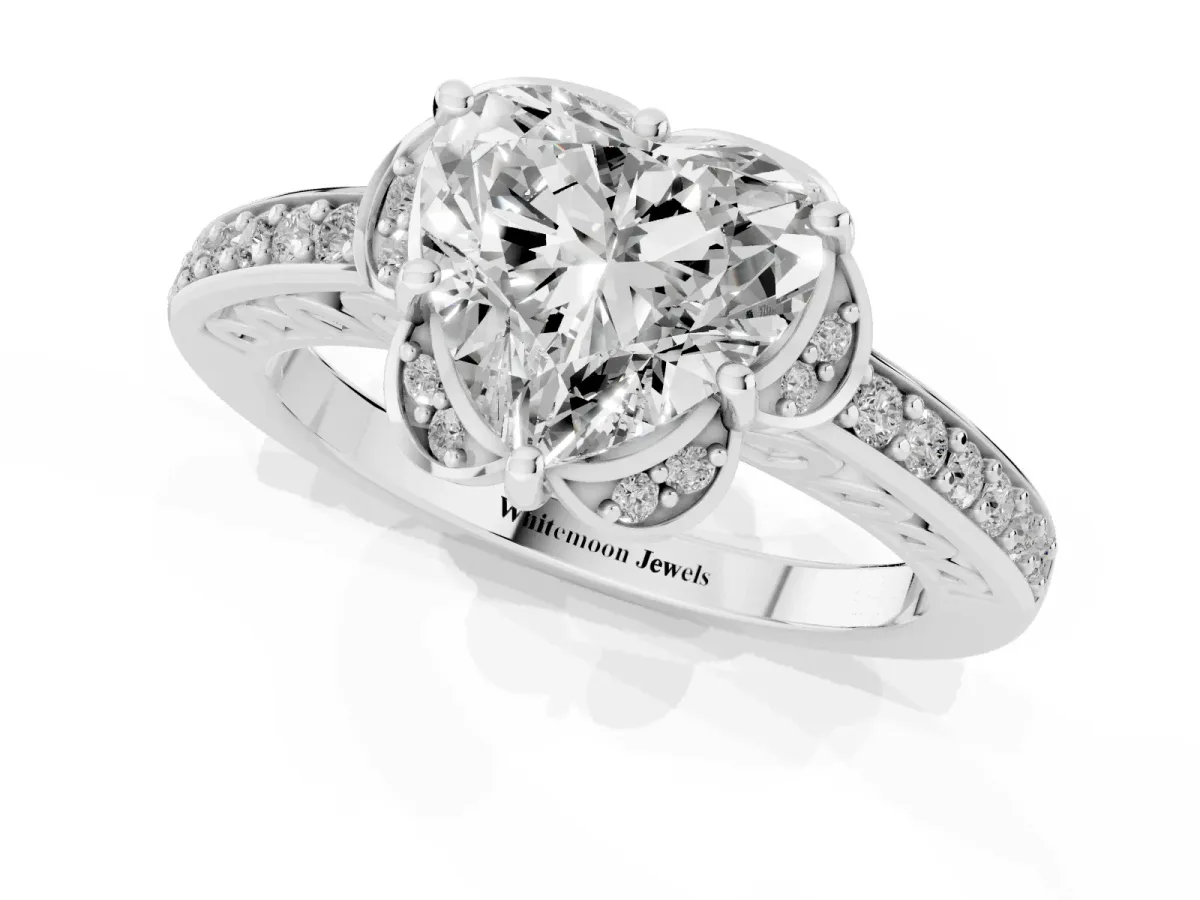 Heart Cut Cut Halo Diamond Ring with Channel Set Band and Four-Prong Setting White gold