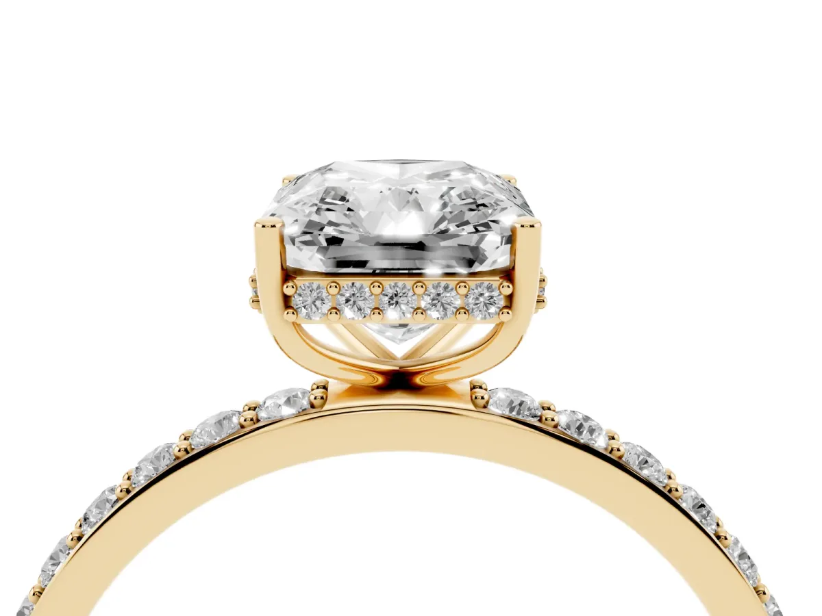 Radiant Cut Diamond Solitaire Ring with Pavé Band and Hidden Halo Yellow gold