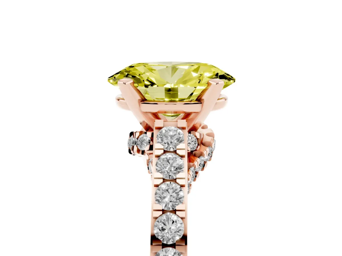 Fancy Yellow Oval Cut Diamond Solitaire Ring with Crossover Gallery and Round Pavé Band Rose gold