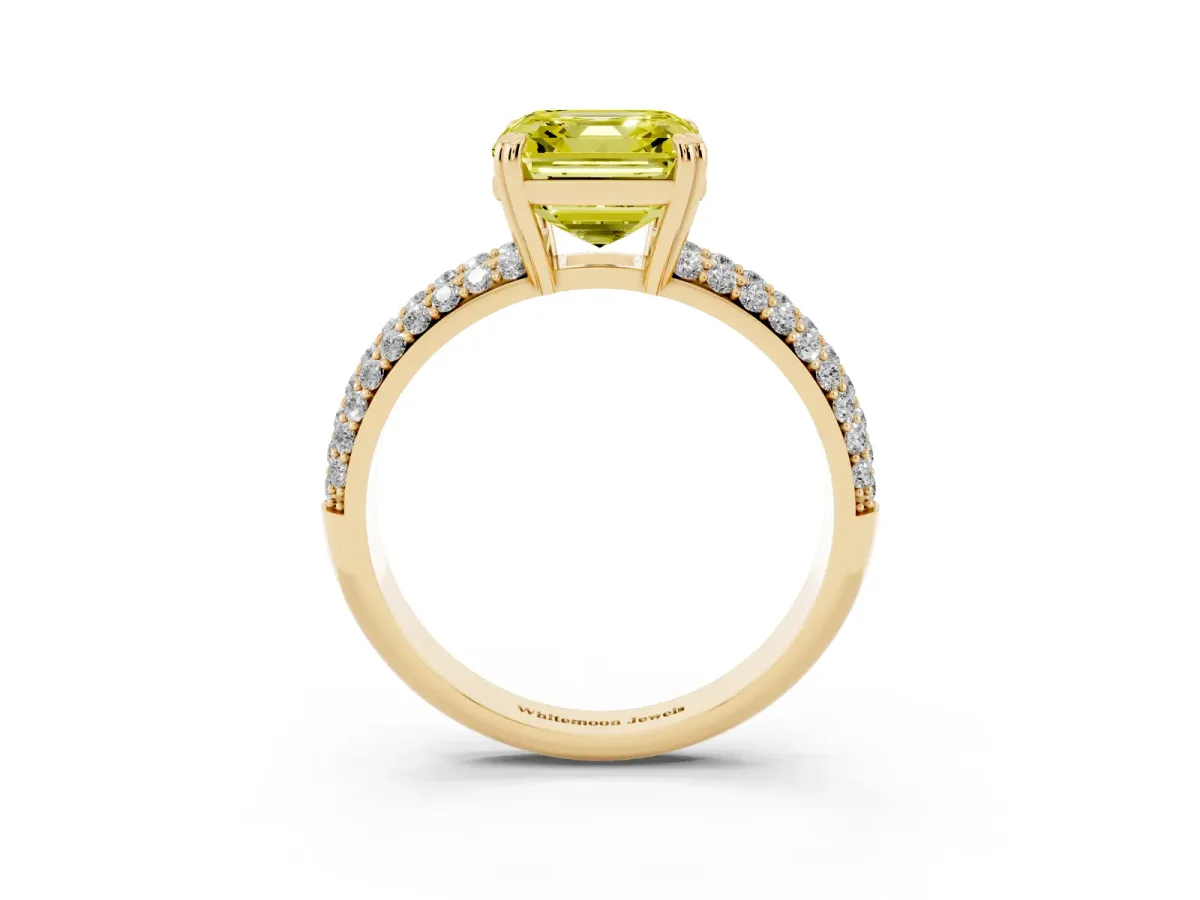 Fancy Yellow Asscher Cut Diamond Solitaire Ring with Multi-Row Round Pavé Band and Prong Setting Yellow gold