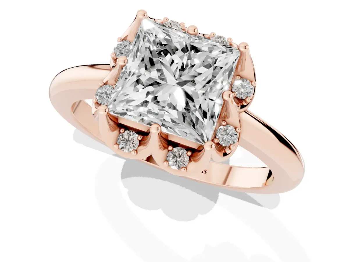 Princess Cut Halo Diamond Ring with Round Cluster Setting, Solitaire Band, and Four-Prong Setting Rose gold