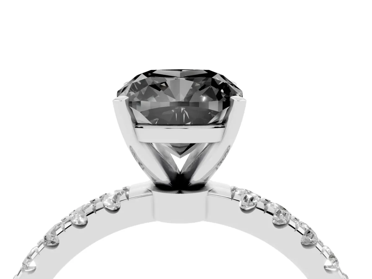 Fancy Black Cushion Cut Diamond Solitaire Ring with Pavé Accents and Four-Prong Setting Platinum