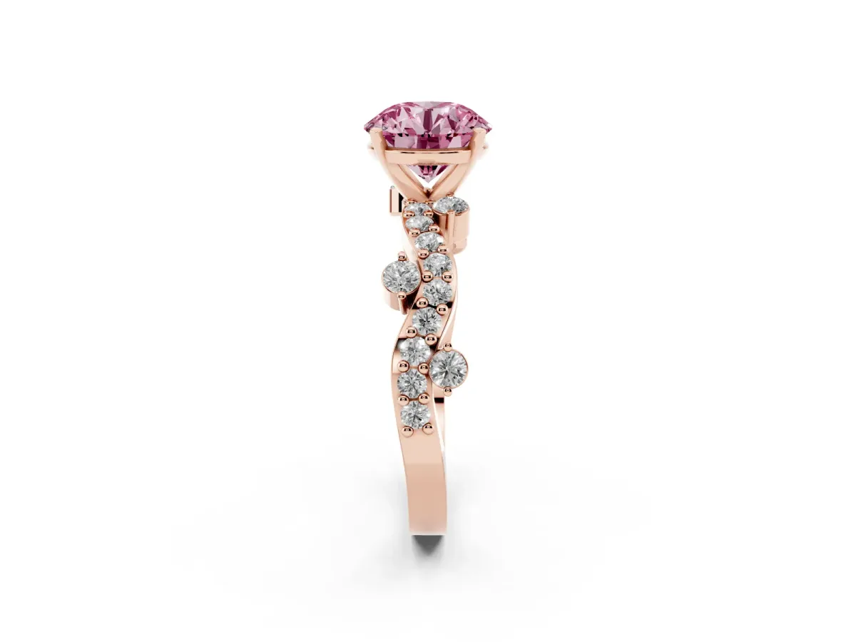 Fancy Pink Round Cut Cut Solitaire Diamond Twisted Band with Pave Setting Rose gold