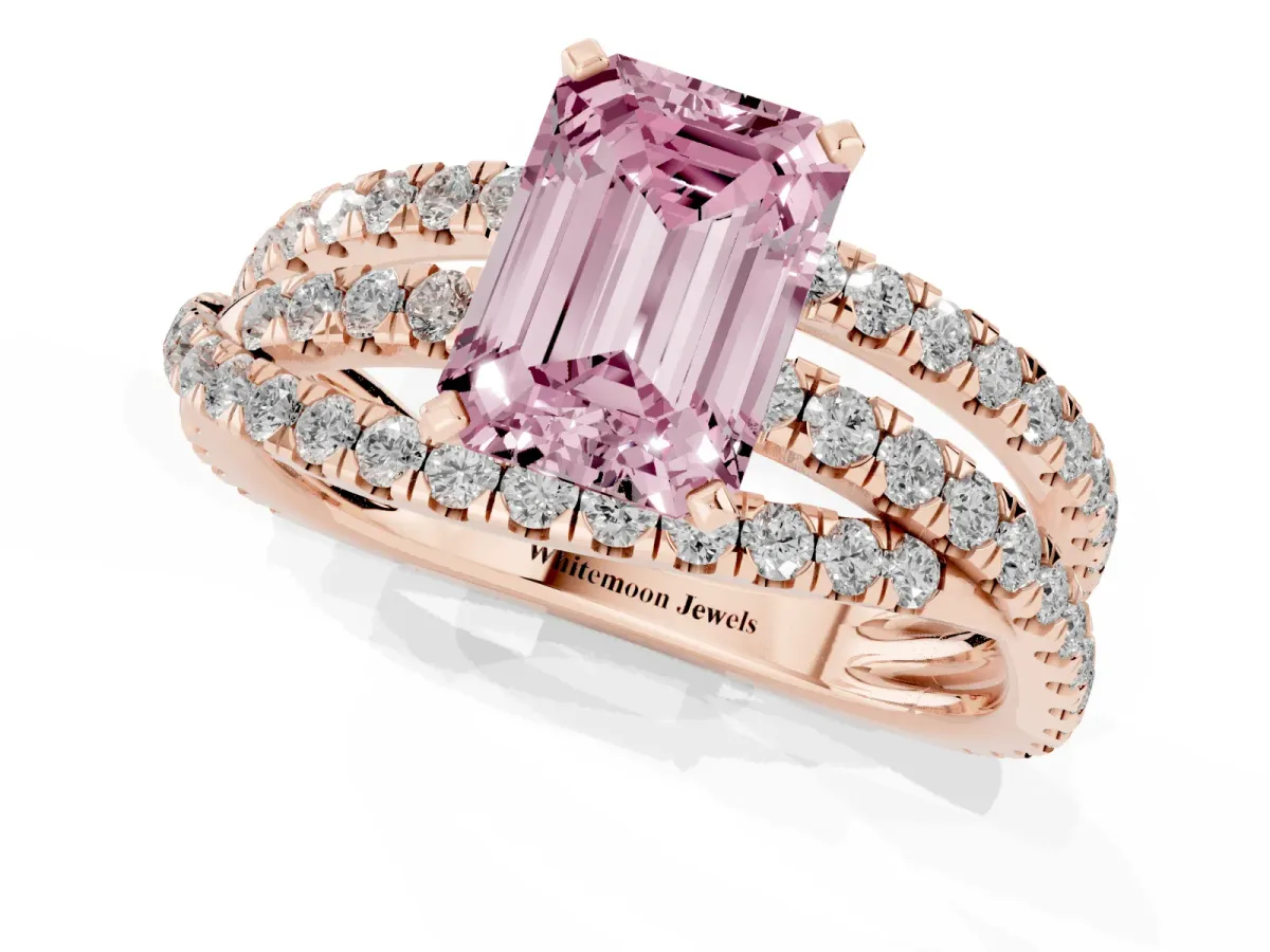Fancy Pink Emerald Cut Solitaire Twist Band with Pavé Setting and Four-Prong Setting Rose gold