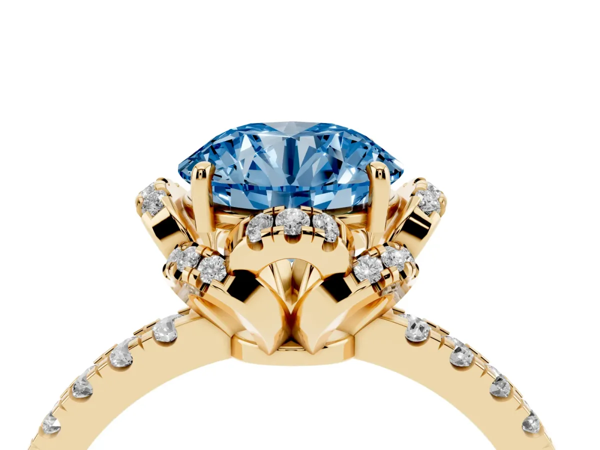Fancy Blue Round Cut Halo Diamond Pave Band Ring with Four-Prong Setting Yellow gold