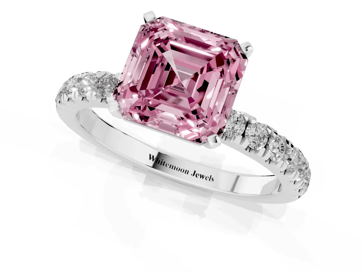 Fancy Pink Asscher Cut Diamond Solitaire Ring with Pavé Accents and Four-Prong Setting Platinum