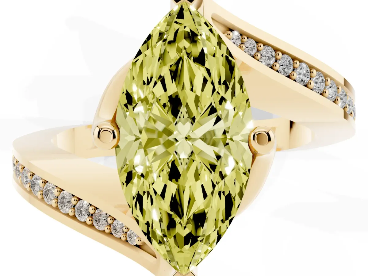 Fancy Yellow Marquise Cut Solitaire Diamond Twist Band with Pavé Setting and Four-Prong Setting Yellow gold