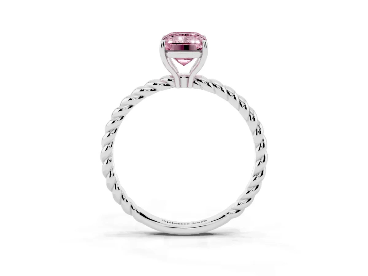 Fancy Pink Emerald Cut Solitaire Twist Band Ring with Four-Prong Setting Platinum