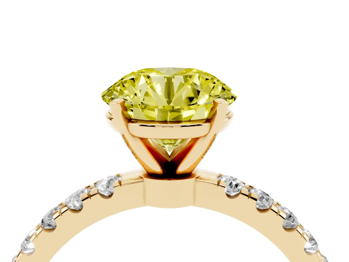 Fancy Yellow Round Cut Diamond Solitaire Ring with Pavé Accents and Four-Prong Setting Yellow gold