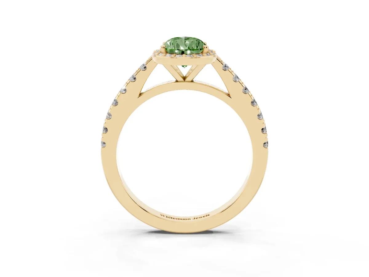 Fancy Green Pear Cut Cut Halo Diamond Engagement Ring with Pave Band and Four-Prong Setting Yellow gold