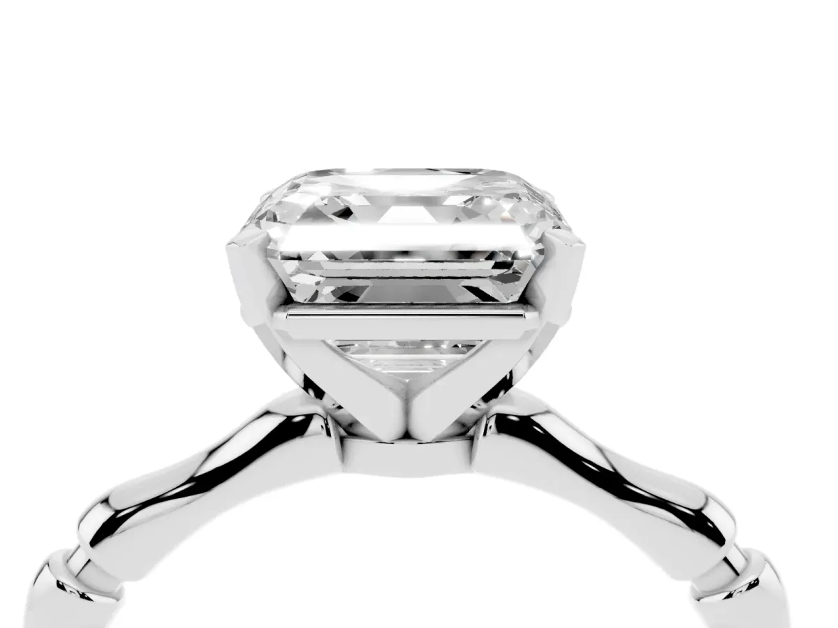 Asscher Cut Solitaire Diamond Ring with Bamboo Band and Four-Prong Setting Silver