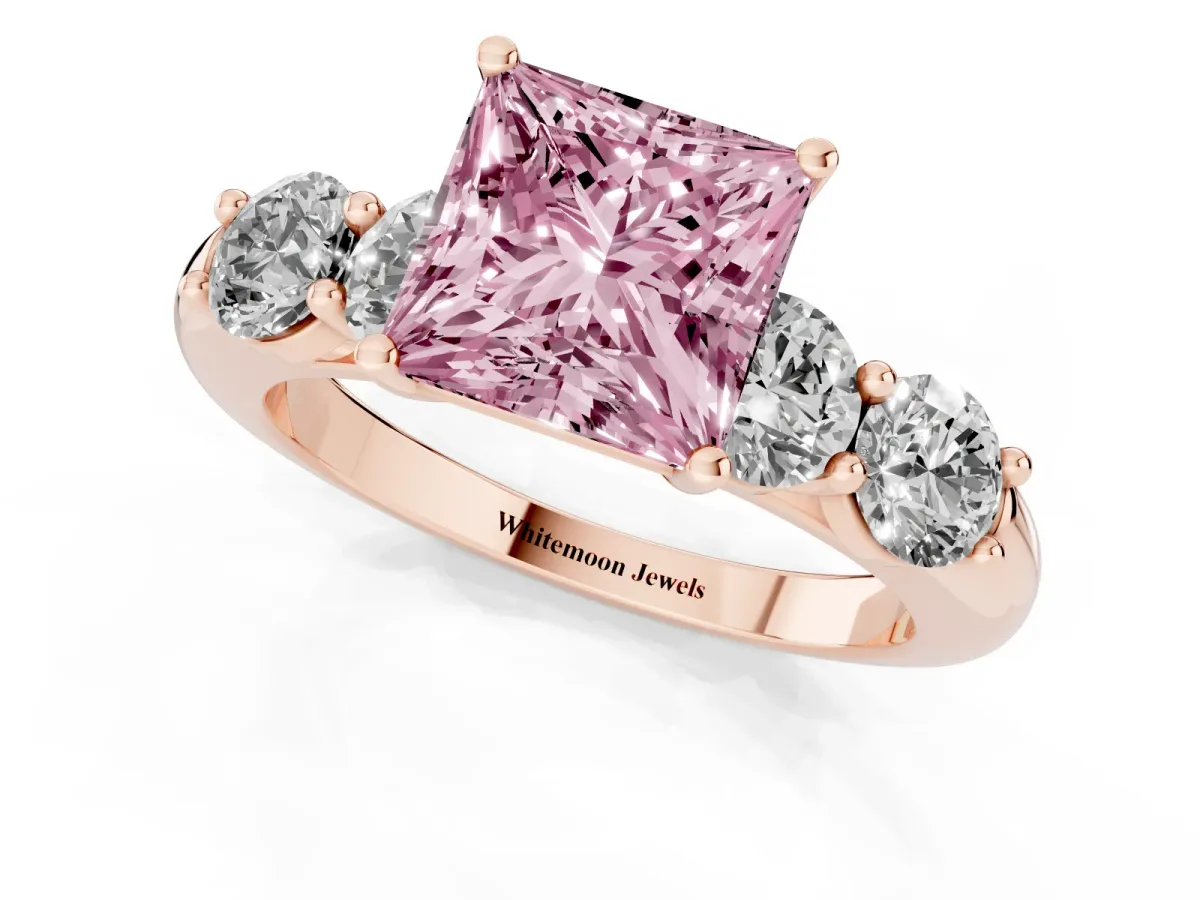 Fancy Pink Princess Cut Cut Five-Stone Prong Set Diamond Ring with Classic Band Rose gold