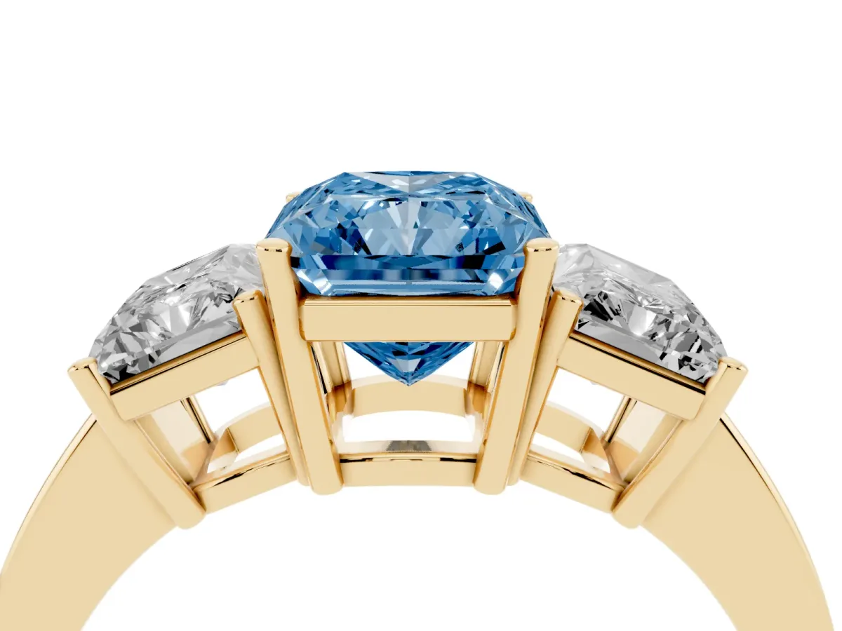 Fancy Blue Three-Stone Radiant Cut Cut Diamond Engagement Ring with Flat Band and Four-Prong Setting Yellow gold