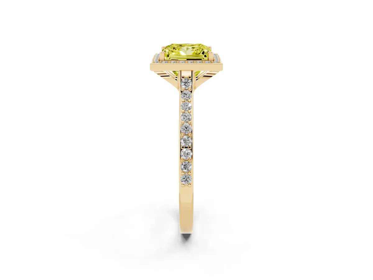 Fancy Yellow Princess Cut Diamond Halo Engagement Ring with Round Pavé Shoulders and Prong Setting Yellow gold
