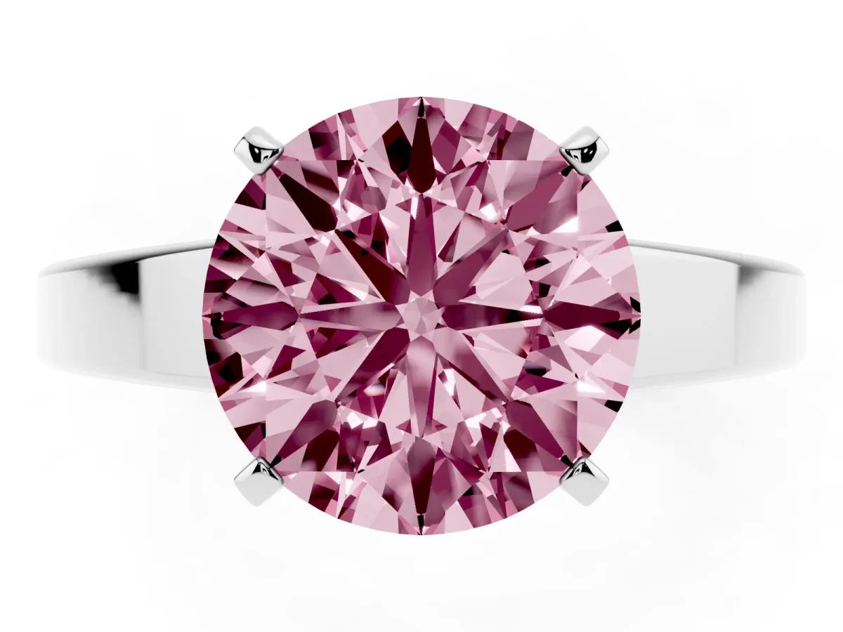 Fancy Pink Round Cut Solitaire Engagement Ring with Four-Prong Setting and Tapered Band Silver
