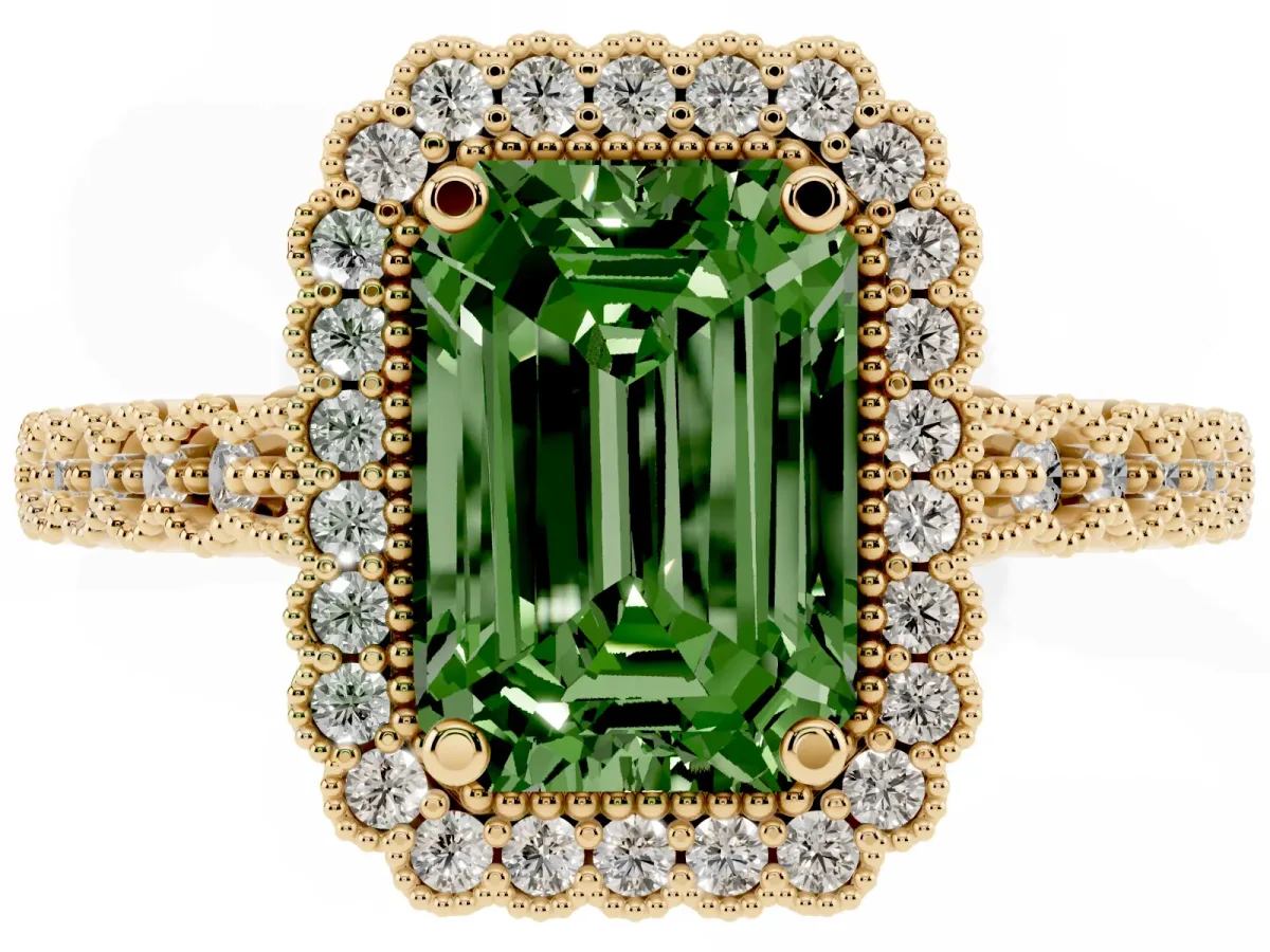 Fancy Green Emerald Cut Cut Halo Pavé Solitaire Ring with Milgrain Band Yellow gold
