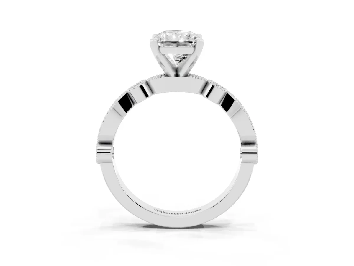 Radiant Cut Milgrain Bezel Diamond Engagement Ring with Solitaire Prong Setting Silver