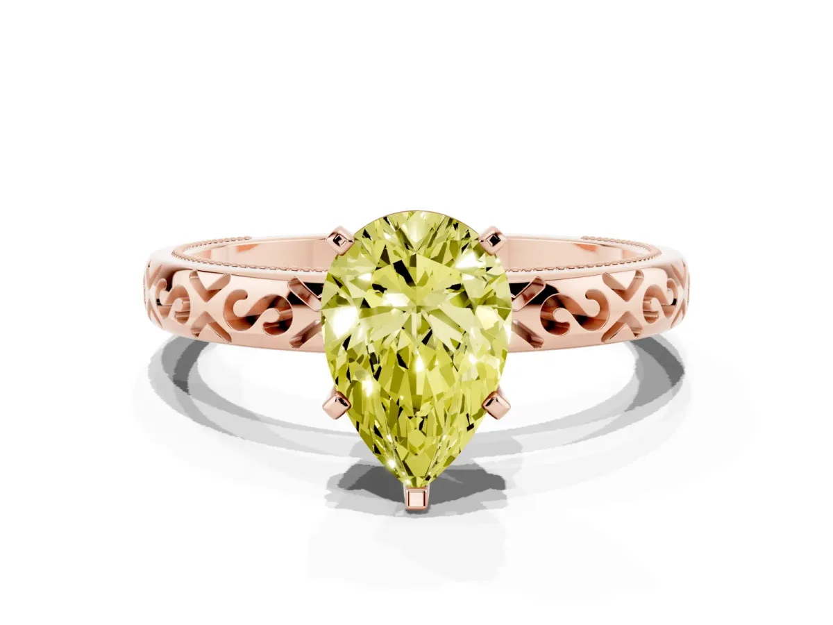 Fancy Yellow Pear Cut Solitaire Engagement Ring with Scrollwork Band and Four-Prong Setting Rose gold
