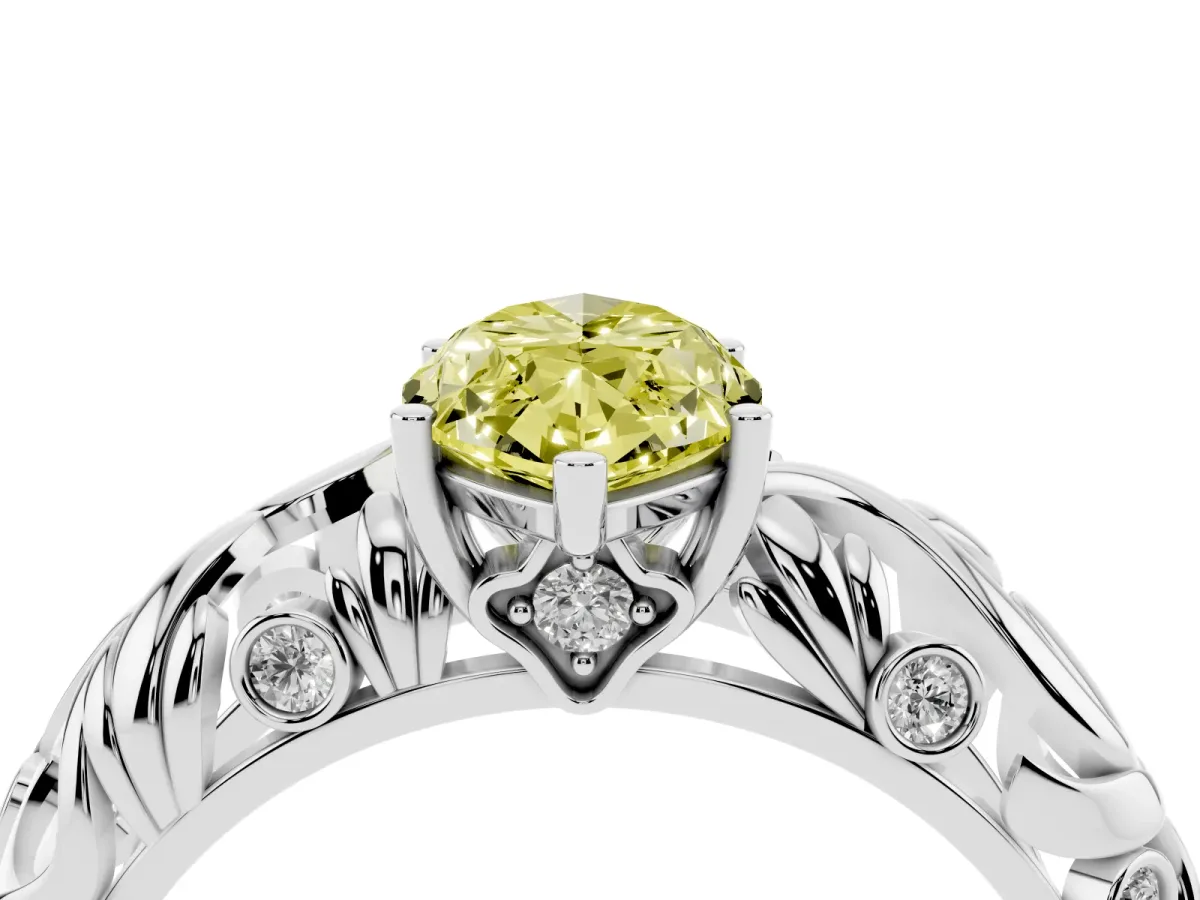 Fancy Yellow Marquise Cut Solitaire Diamond Leaf-Inspired Vine Band Ring with Prong Setting Silver
