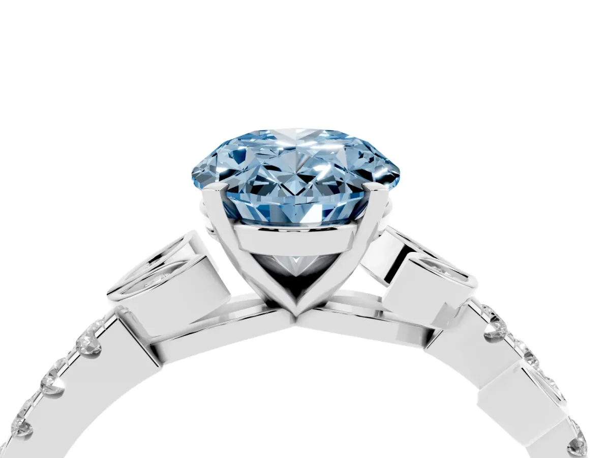 Fancy Blue Oval Cut Solitaire Leaf-Inspired Diamond Ring with Pavé Band and Four-Prong Setting Silver