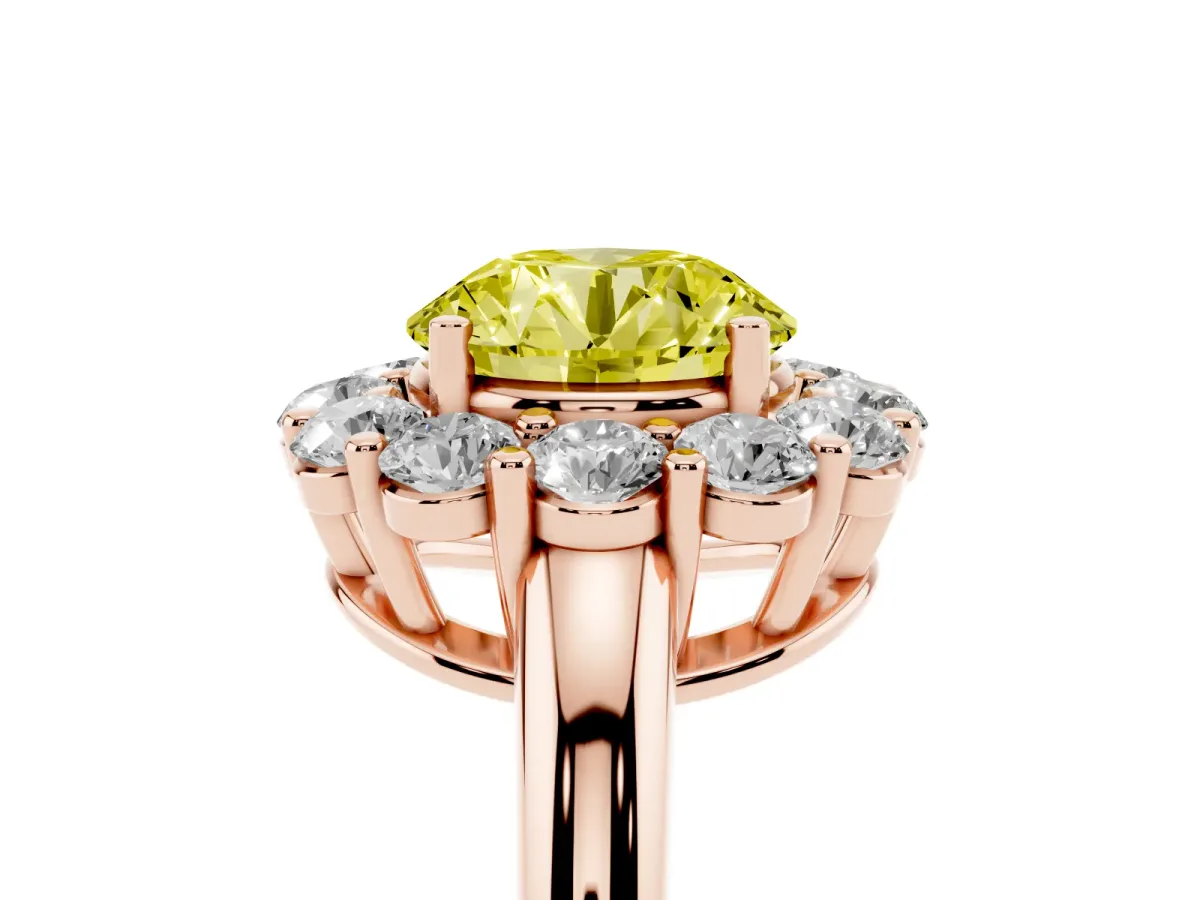 Fancy Yellow Round Cut Halo Cluster Diamond Engagement Ring with Prong Setting and Polished Band Rose gold