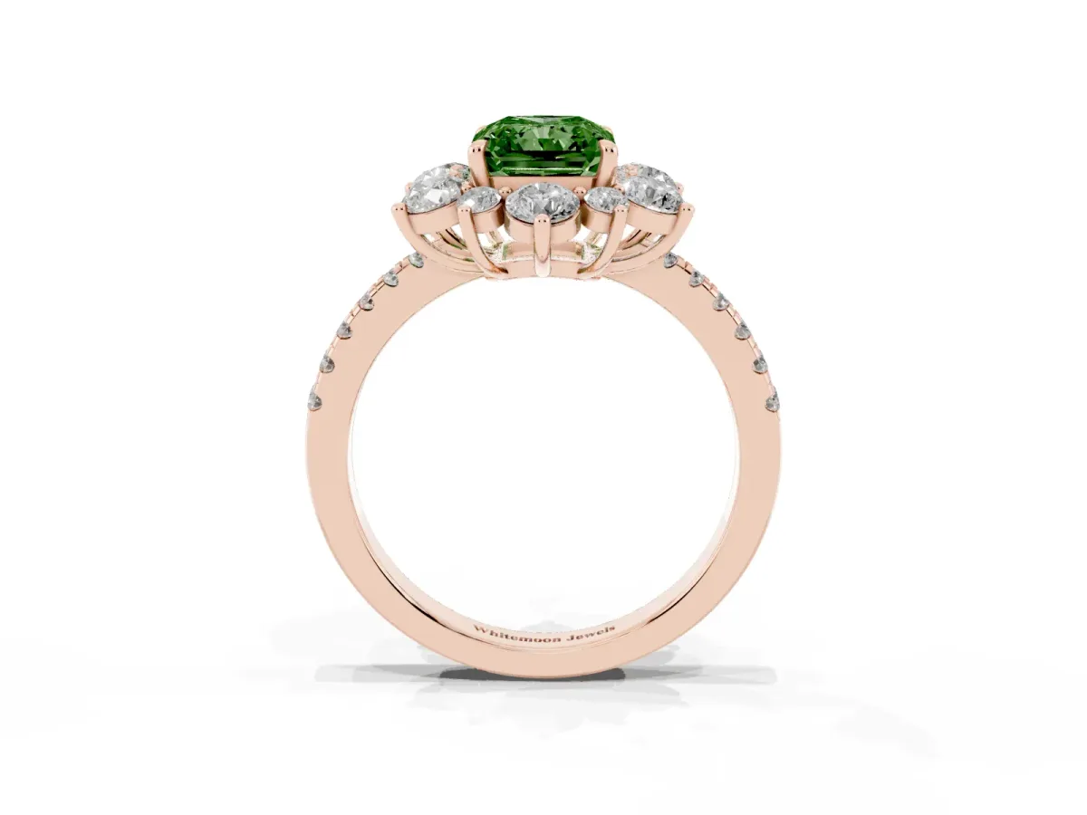 Fancy Green Radiant Cut Diamond Floral Halo Ring with Round Pavé Band and Prong Setting Rose gold