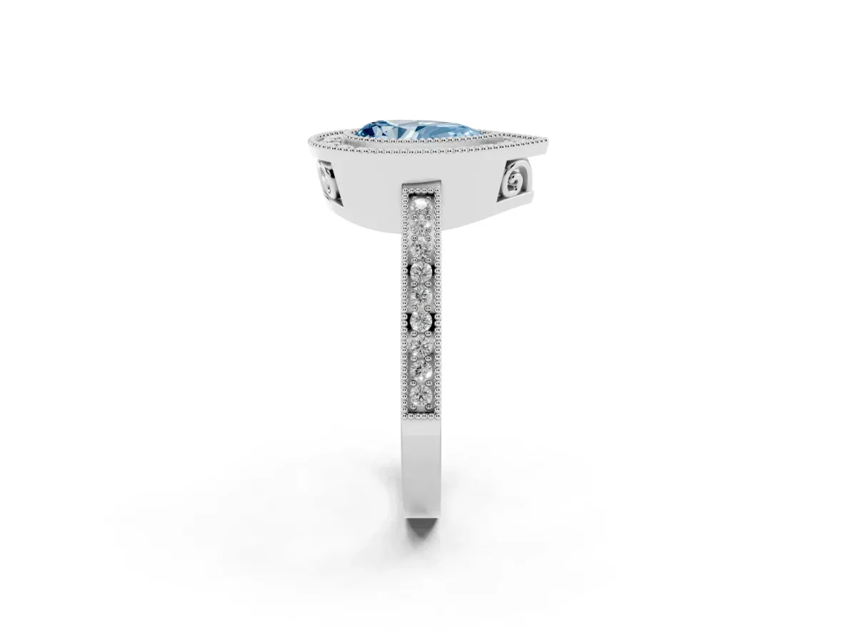 Fancy Blue Pear Cut Cut Halo Diamond Ring with Pavé Band and Milgrain Prong Setting Silver