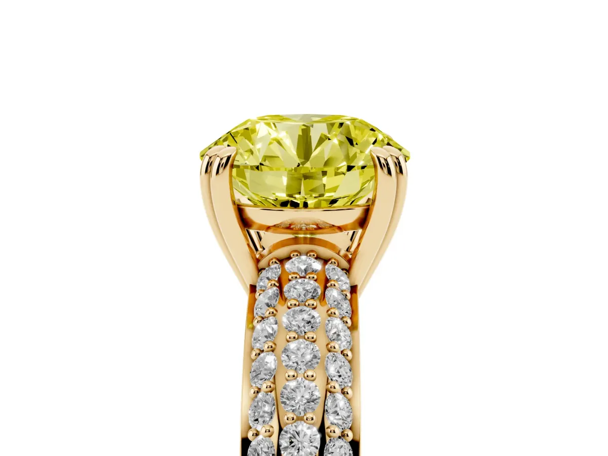 Fancy Yellow Round Cut Diamond Solitaire Ring with Multi-Row Round Pavé Band and Prong Setting Yellow gold