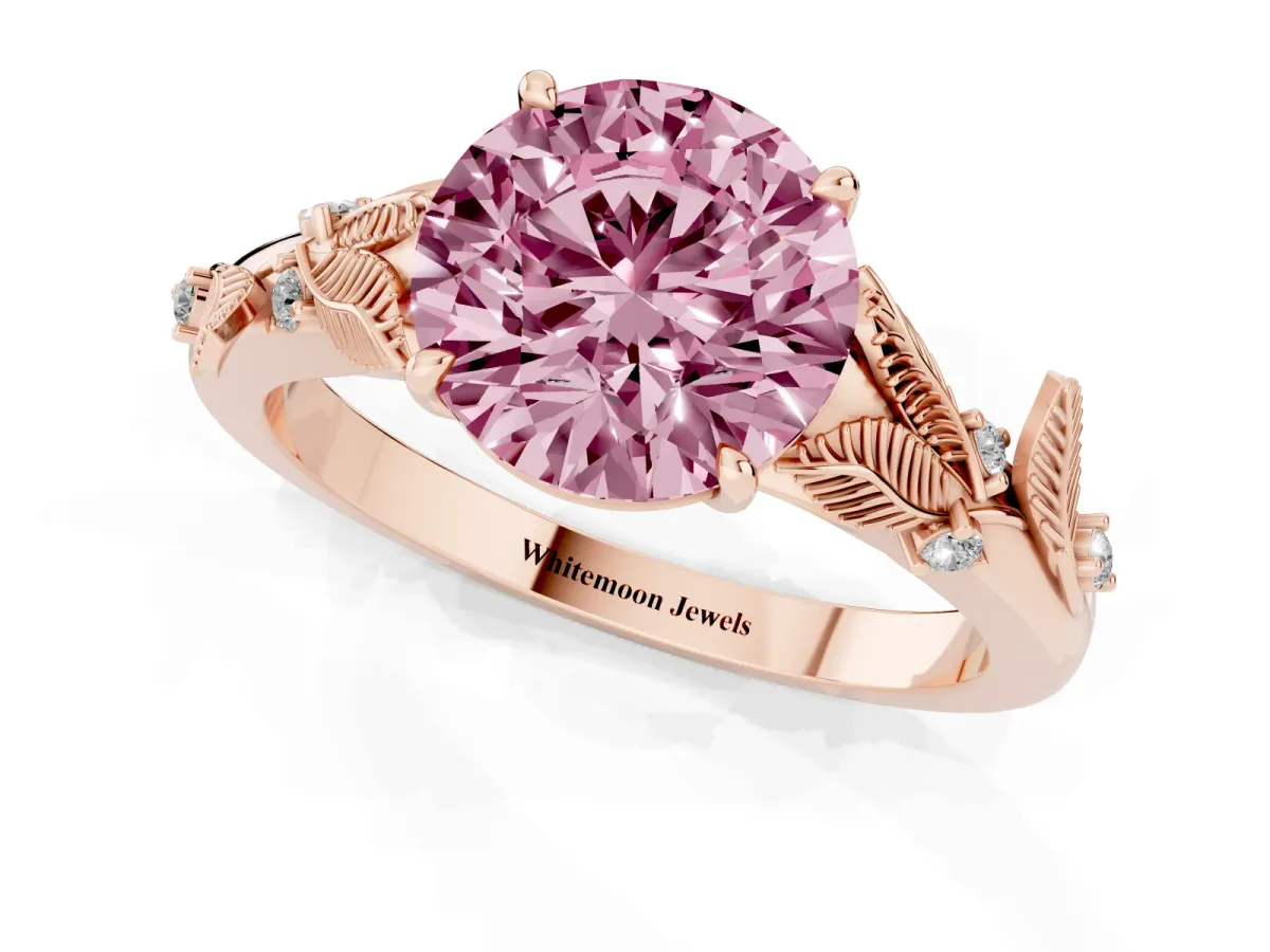 Fancy Pink Round Cut Diamond Solitaire Ring with Leaf Motif Band and Four-Prong Setting Rose gold