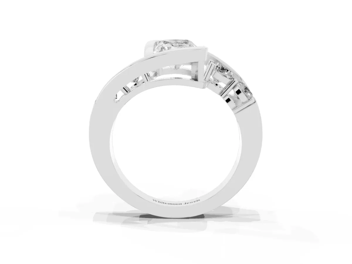 Bezel Set Radiant Cut Diamond Bypass Ring with Round Accents Silver