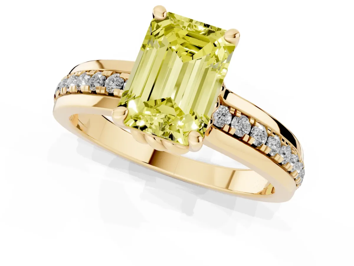 Fancy Yellow Emerald Cut Solitaire Diamond Ring with Channel Set Band and Six-Prong Setting Yellow gold