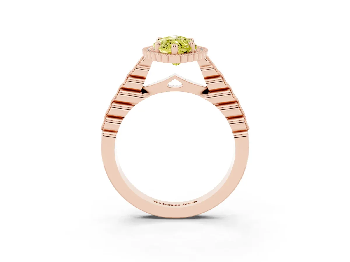 Fancy Yellow Marquise Cut Cut Halo Pavé Solitaire Ring with Milgrain Band Rose gold