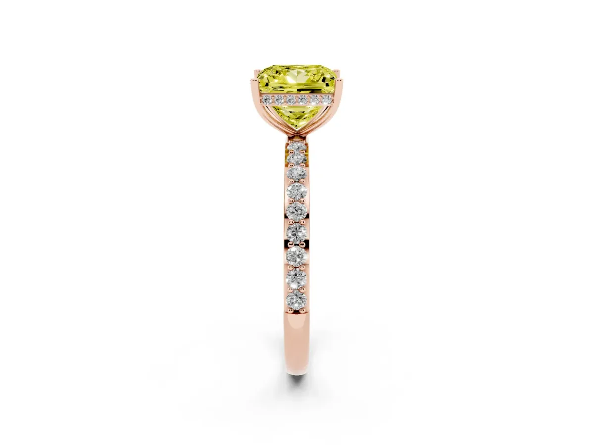Fancy Yellow Princess Cut Diamond Solitaire Ring with Pavé Band and Hidden Halo Rose gold