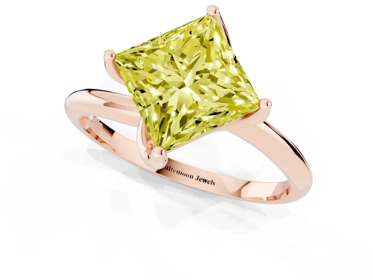 Fancy Yellow Princess Cut Diamond Solitaire Engagement Ring with Four-Prong Setting and Classic Band Rose gold