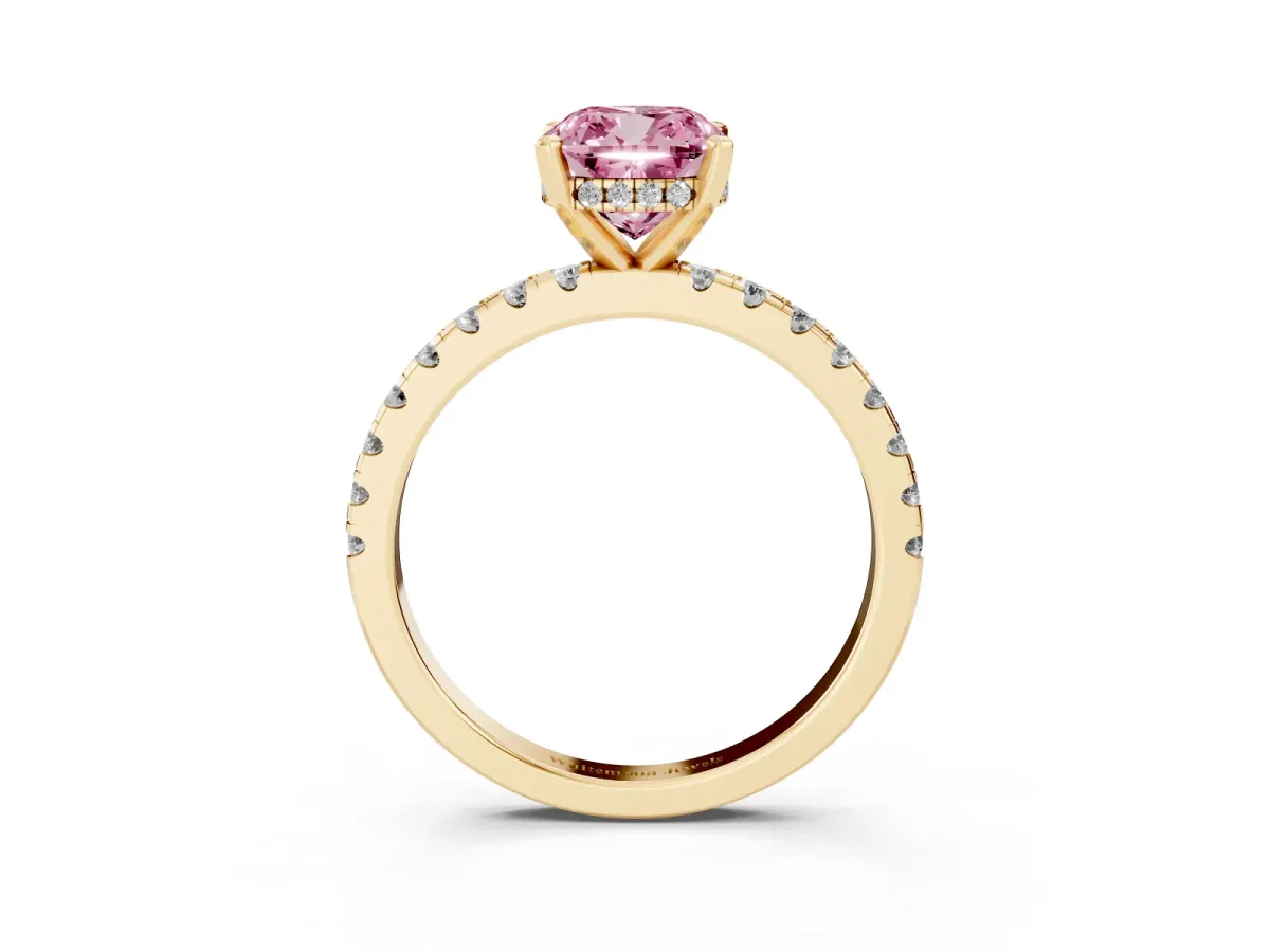 Fancy Pink Cushion Cut Diamond Solitaire Ring with Round Pavé Band and Four-Prong Setting Yellow gold