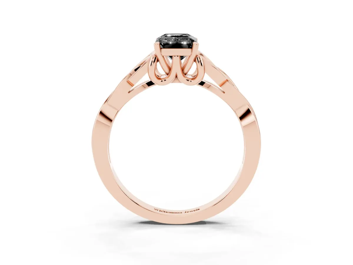 Fancy Black Emerald Cut Diamond Solitaire Engagement Ring with Celtic Knot Band and Four-Prong Setting Rose gold