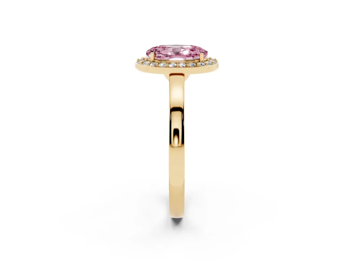 Fancy Pink Oval Cut Halo Diamond Ring with Solitaire Band and Prong Setting Yellow gold