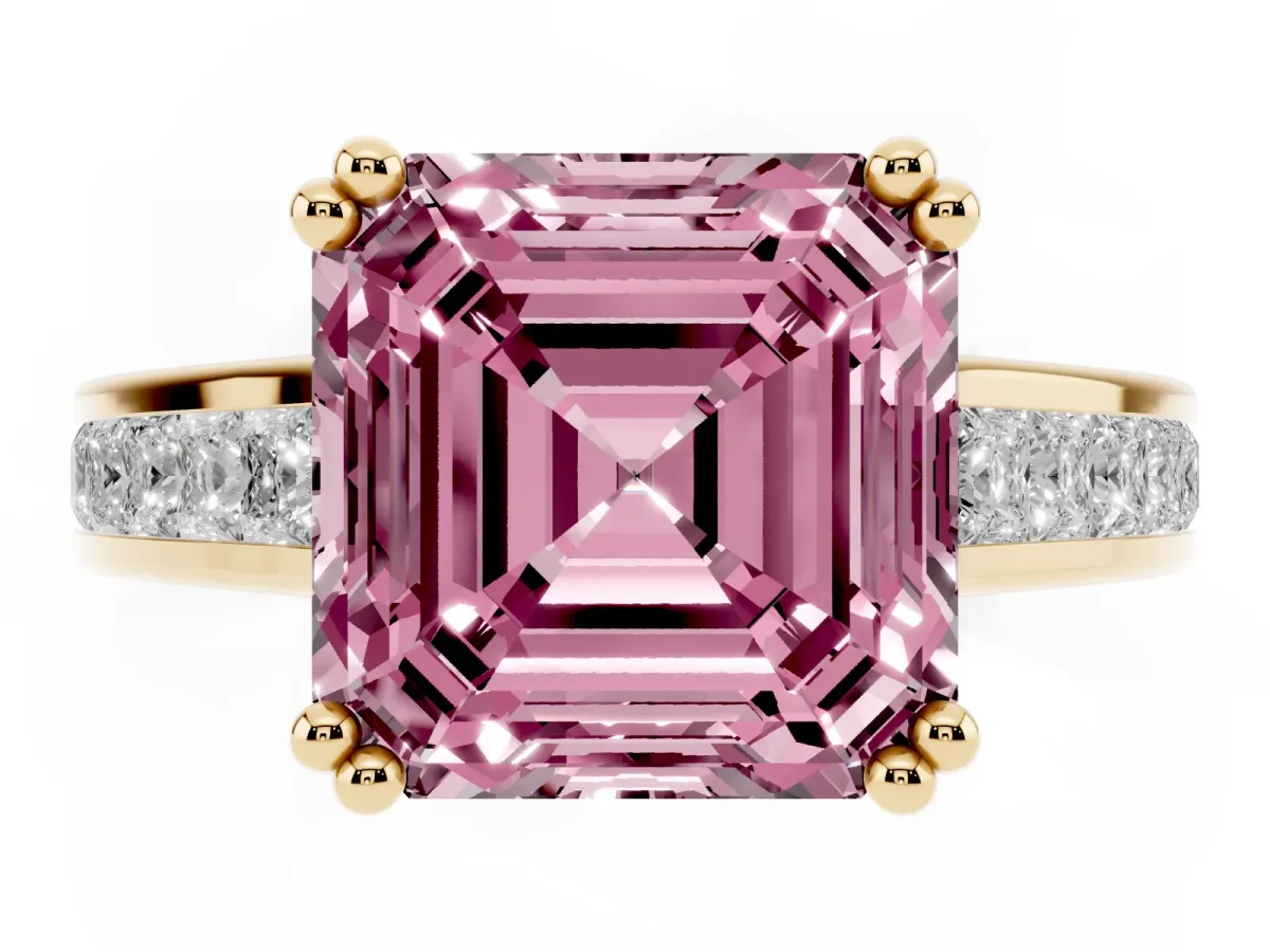Fancy Pink Asscher Cut Cut Channel Set Solitaire Engagement Ring with Prong Setting Yellow gold