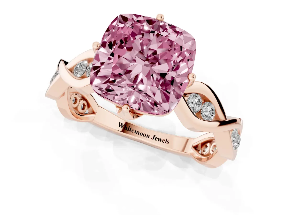 Fancy Pink Cushion Cut Solitaire Twist Band with Leaf Prong Setting Rose gold