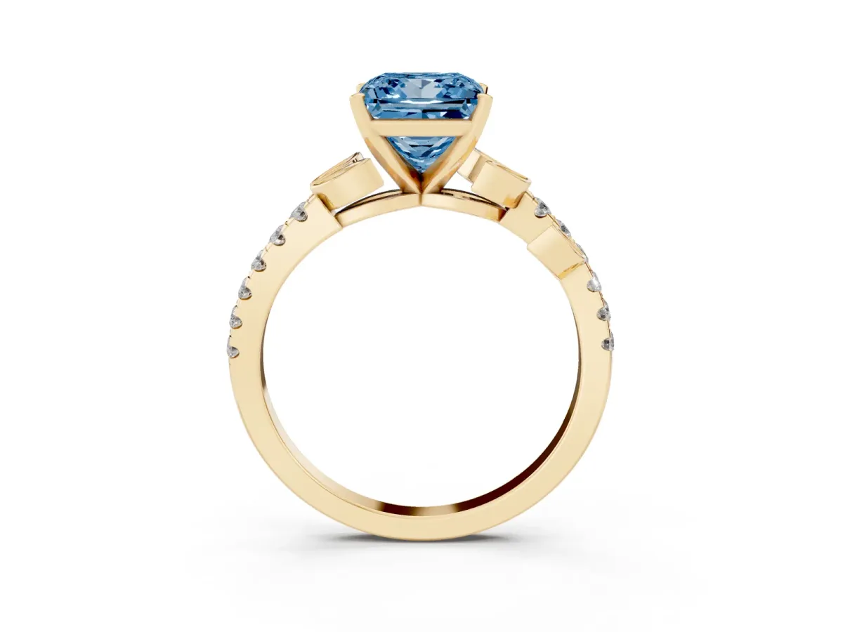 Fancy Blue Princess Cut Solitaire Leaf-Inspired Diamond Ring with Pavé Band and Four-Prong Setting Yellow gold