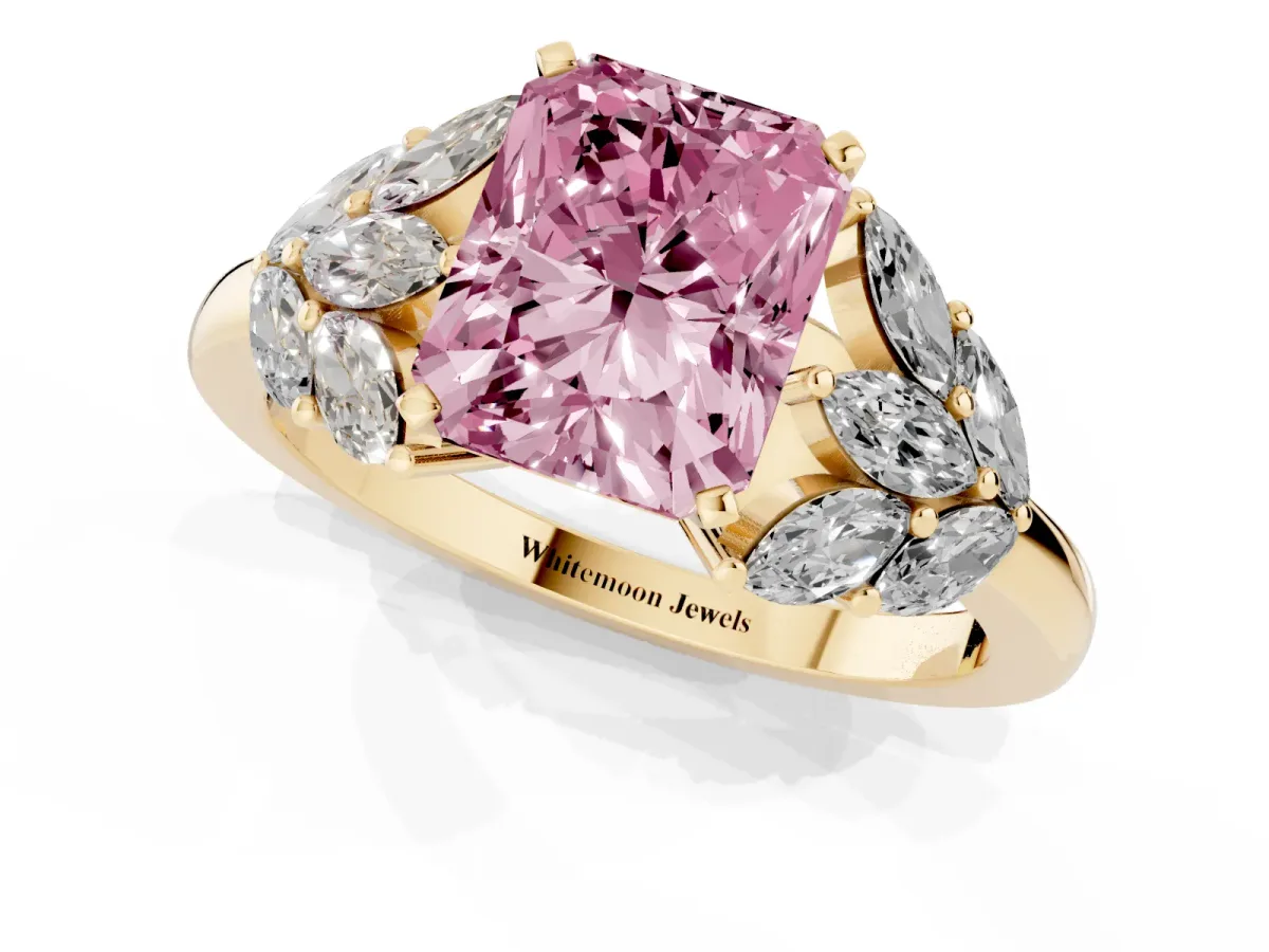 Fancy Pink Radiant Cut Diamond Cluster Leaf Design Ring with Prong Setting Yellow gold