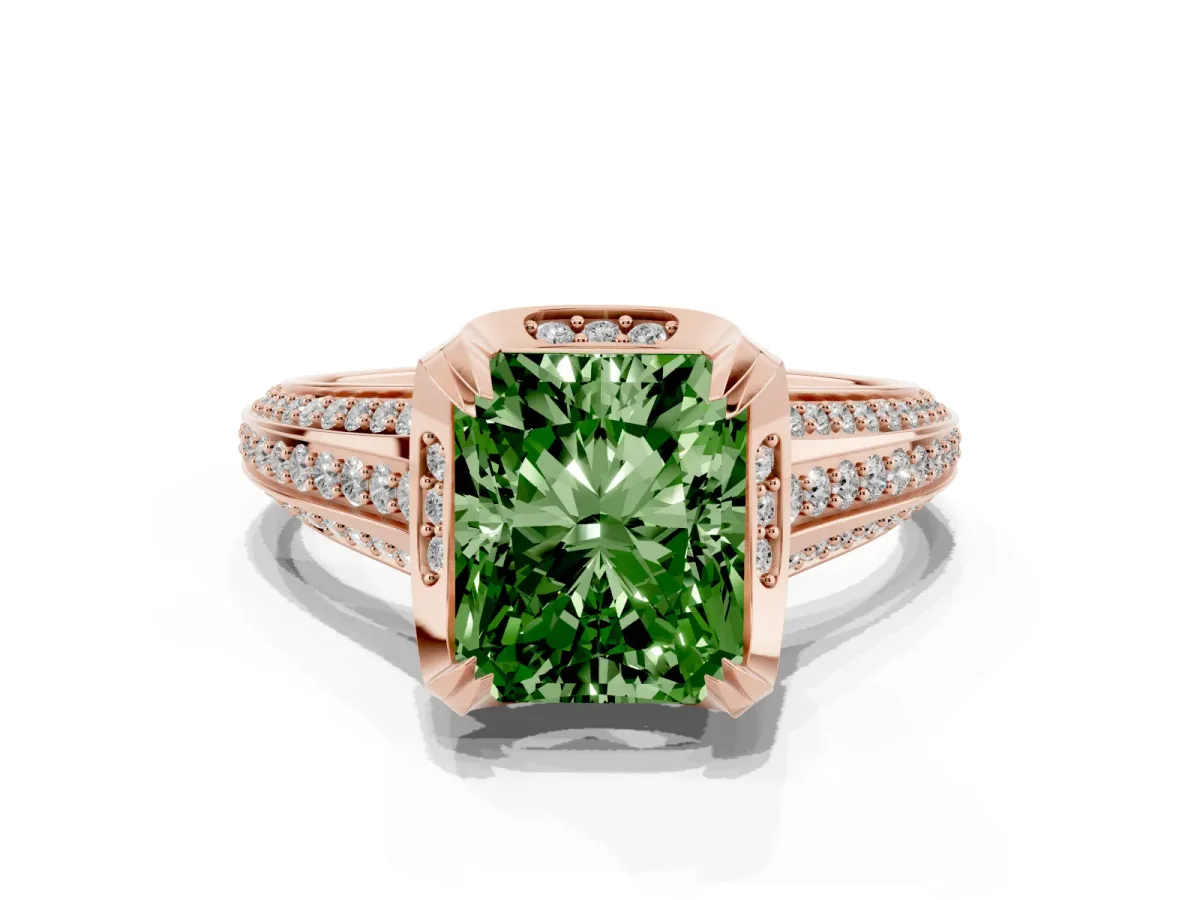 Fancy Green Radiant Cut Solitaire Pave Split Shank Ring with Four-Prong Setting Rose gold