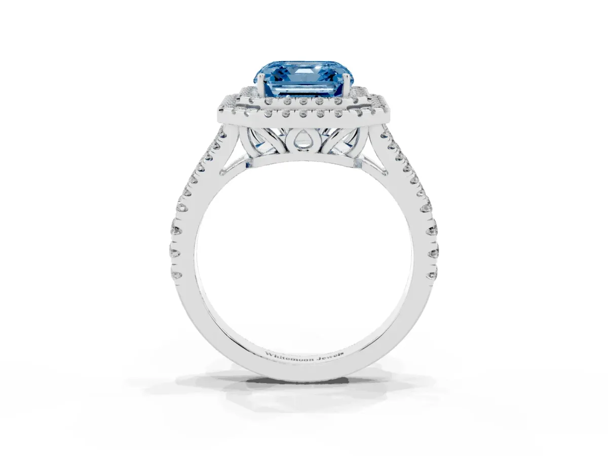 Fancy Blue Asscher Cut Diamond Double Halo Ring with Pavé Band and Prong Setting Platinum