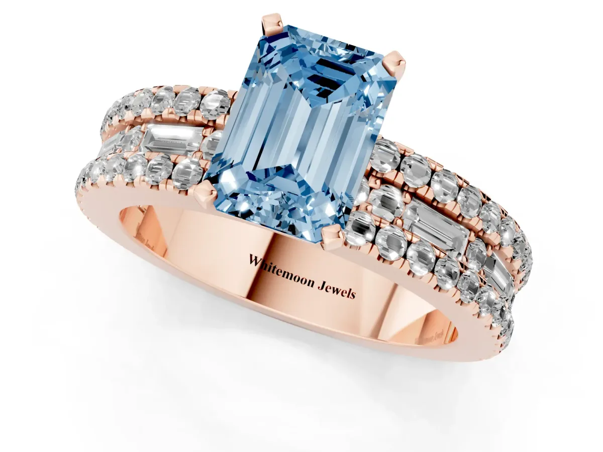 Fancy Blue Emerald Cut Diamond Solitaire Ring with Pavé and Channel Set Band Rose gold