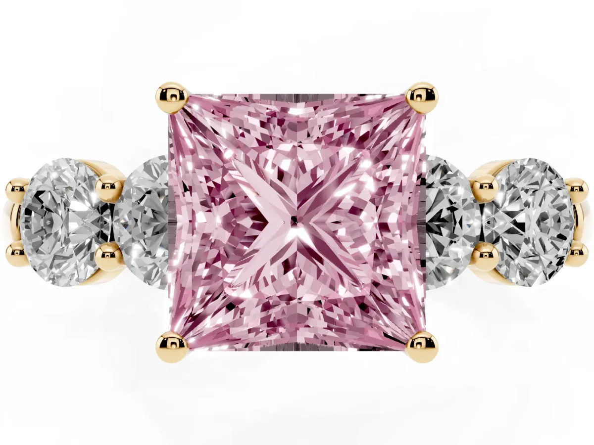 Fancy Pink Princess Cut Cut Five-Stone Prong Set Diamond Ring with Classic Band Yellow gold